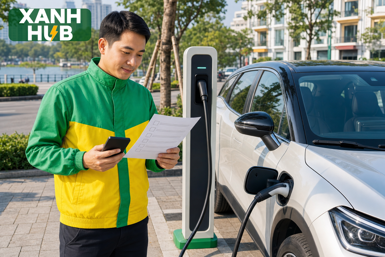 Tài xế mặc áo xanh vàng Xanh Hub kiểm tra checklist cạnh ô tô điện generic và trụ sạc generic trên phố Việt Nam