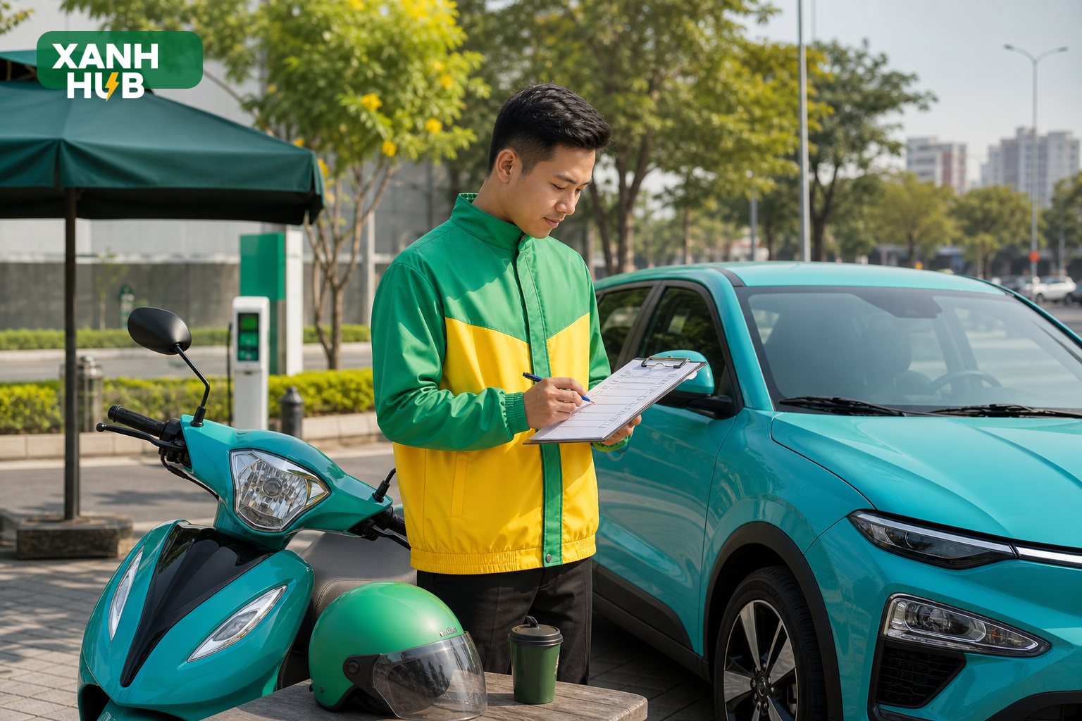 Tài xế mặc áo xanh vàng Xanh Hub rà checklist trước ca cạnh xe máy điện, ô tô điện generic và trụ sạc generic trong bối cảnh phố Việt Nam