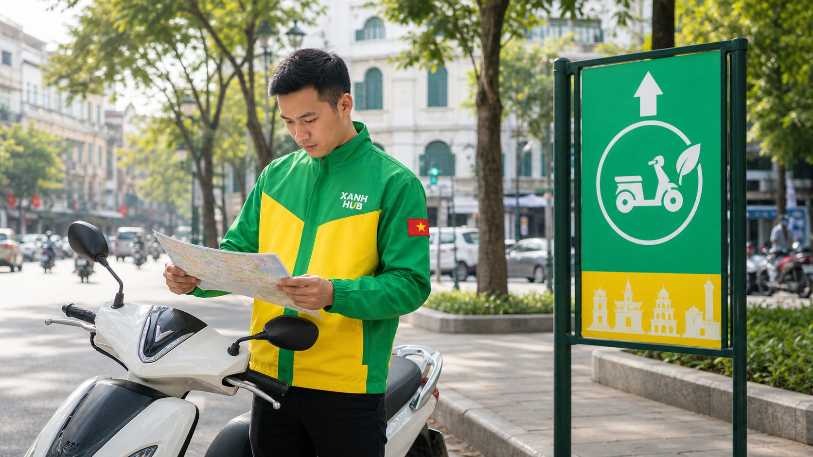 Tài xế Xanh Hub mặc đồng phục xanh vàng kiểm tra bản đồ bên xe máy điện tại khu vực giao thông xanh ở Hà Nội