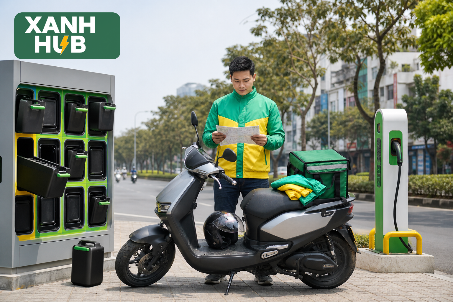 Tài xế mặc áo xanh vàng Xanh Hub đứng cạnh xe máy điện, tủ đổi pin và trụ sạc generic trên phố Việt Nam