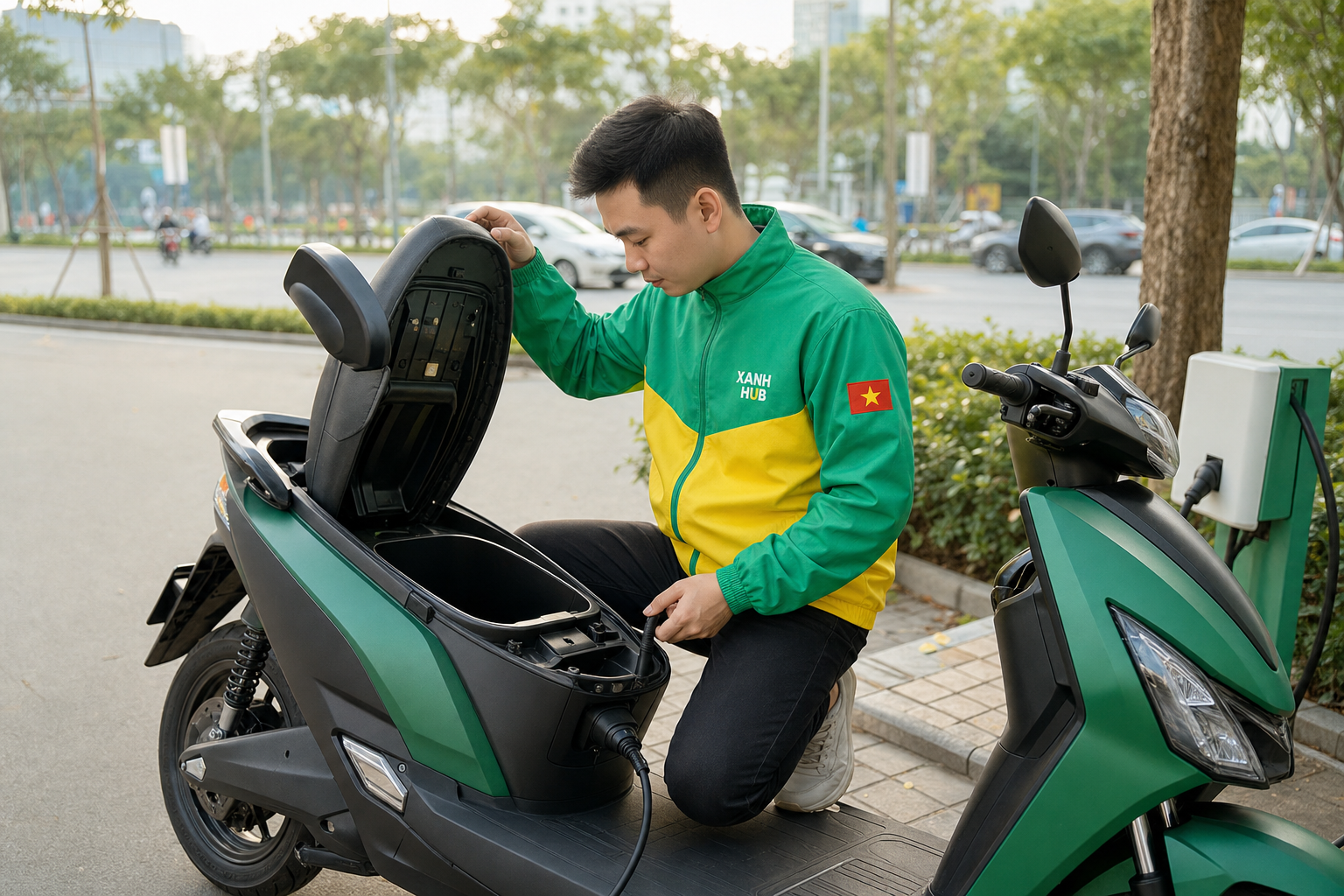 Tài xế mặc áo xanh vàng Xanh Hub kiểm tra cốp và cổng sạc của xe máy điện generic cạnh trụ sạc generic trên phố Việt Nam