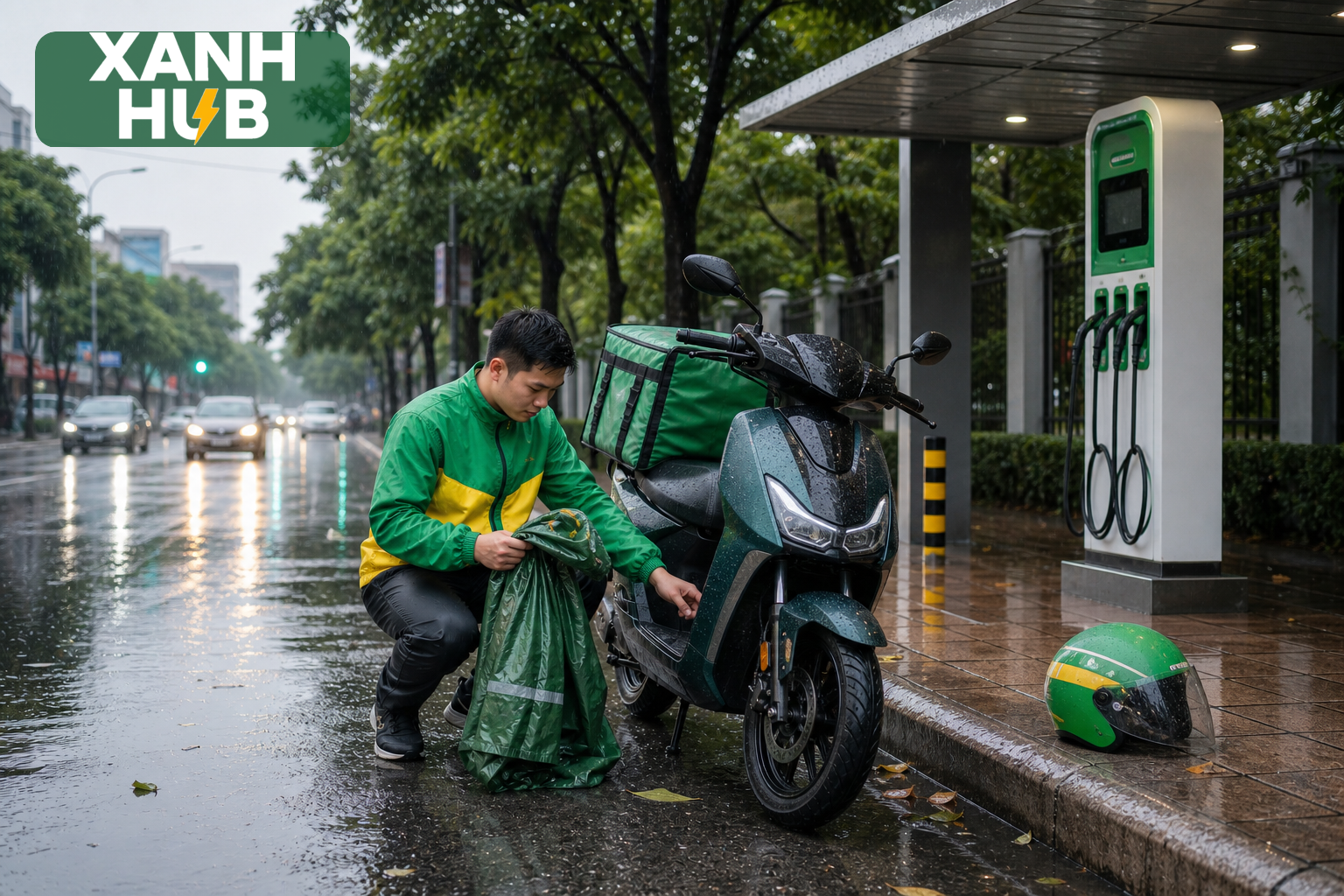 Tài xế mặc áo xanh vàng Xanh Hub kiểm tra xe máy điện và áo mưa trên phố Việt Nam sau mưa, trụ sạc generic ở phía sau không cắm dây