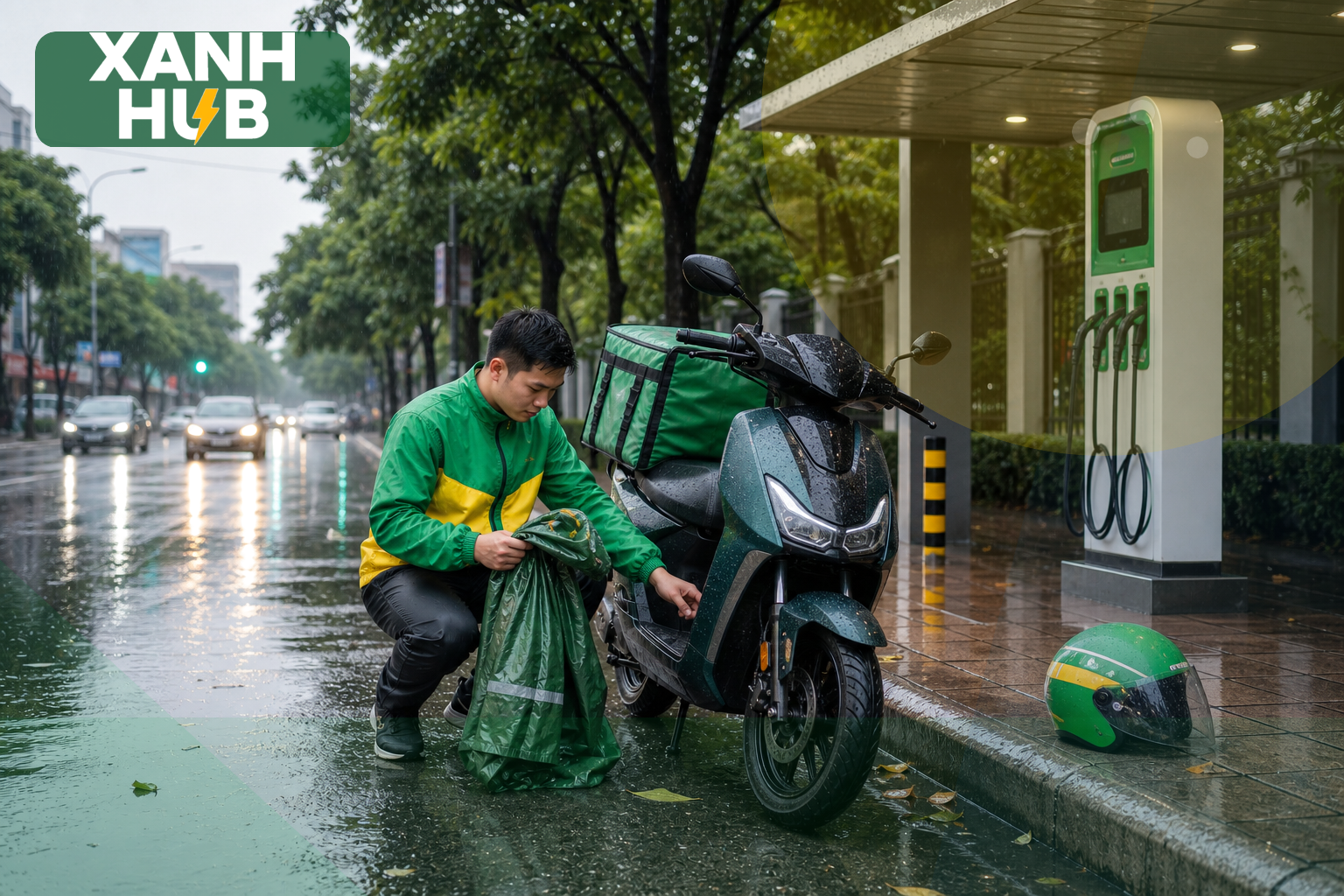 Tài xế mặc áo xanh vàng Xanh Hub kiểm tra xe máy điện và áo mưa cạnh trụ sạc generic trong bối cảnh phố Việt Nam có nắng nóng xen mưa dông