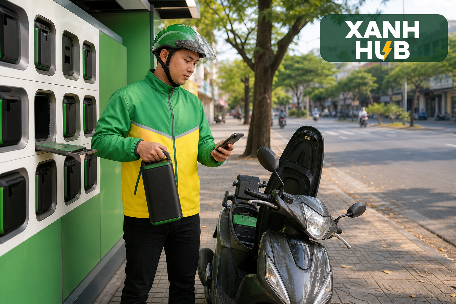 Tài xế mặc áo xanh vàng kiểm tra pin rời cạnh tủ đổi pin và xe máy điện trên phố Việt Nam, có logo Xanh Hub chính thức ở góc ảnh