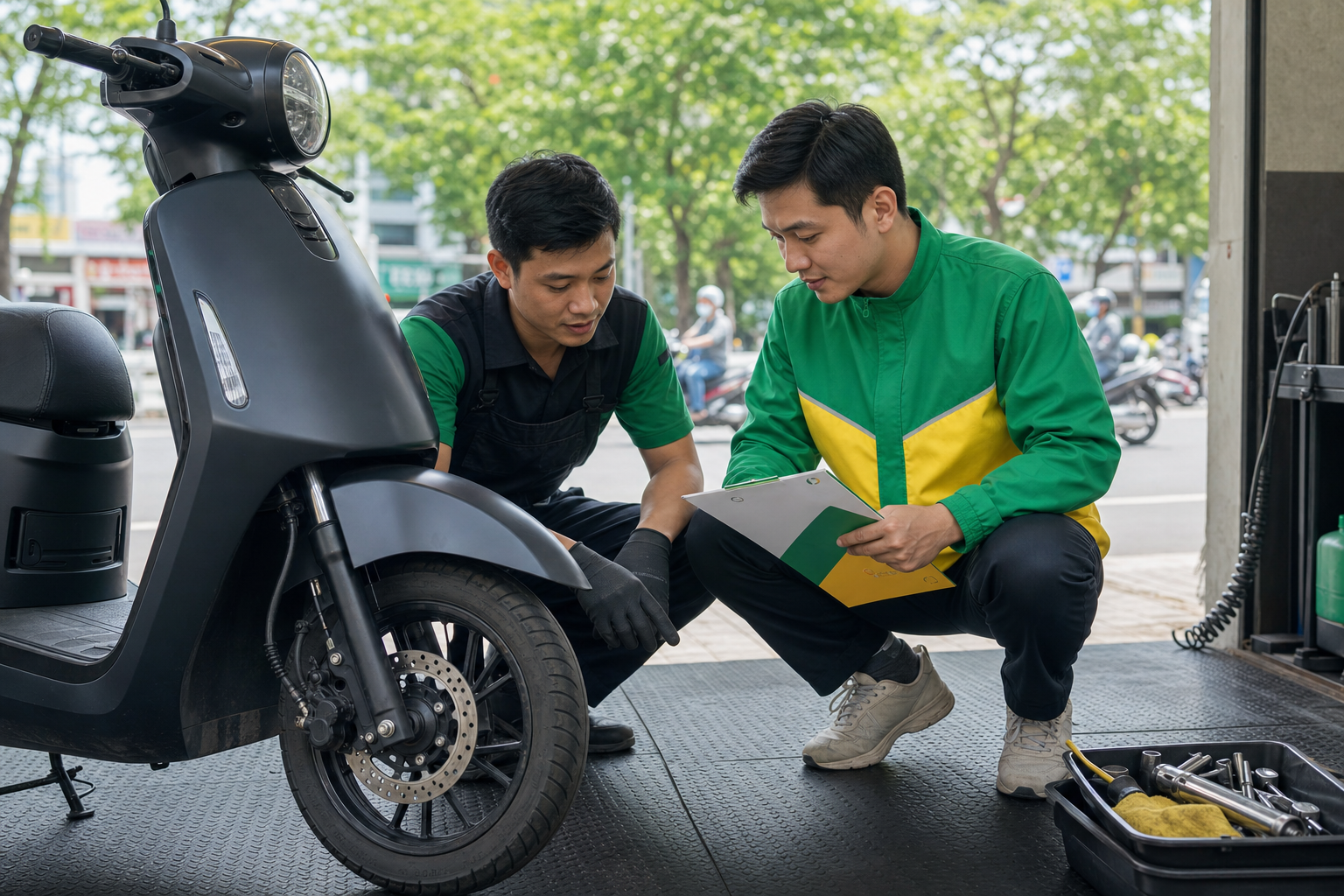 Tài xế mặc áo xanh vàng Xanh Hub cùng kỹ thuật viên kiểm tra lốp và phanh xe máy điện generic tại khu bảo dưỡng Việt Nam