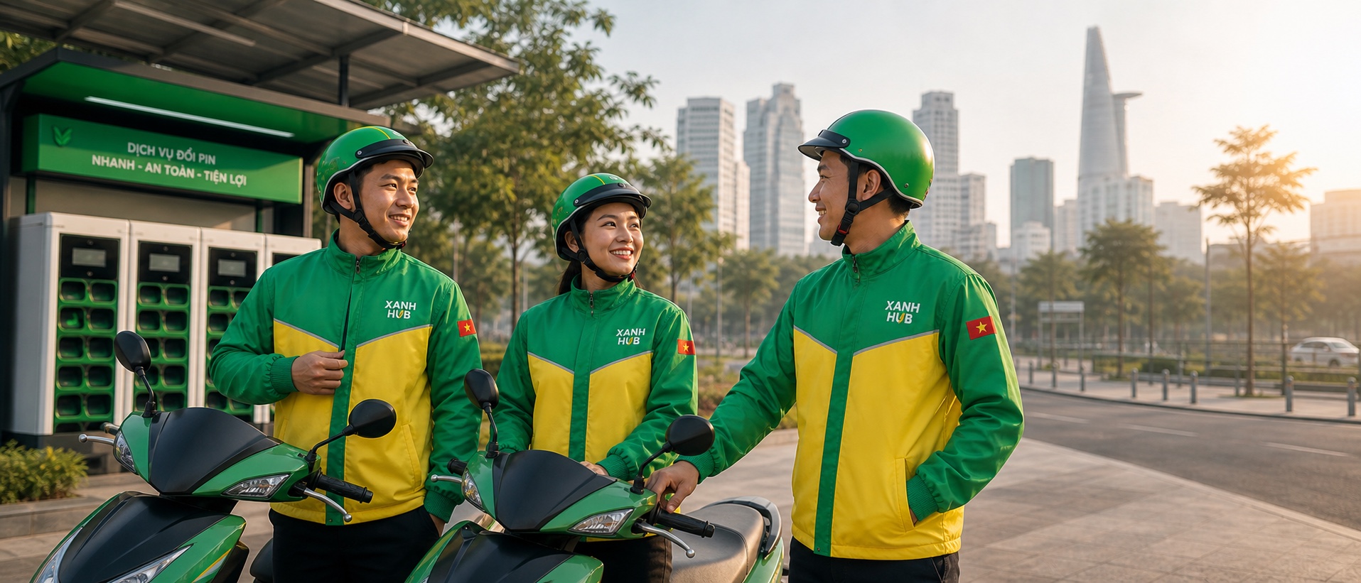 Tài xế công nghệ mặc đồng phục xanh vàng Xanh Hub đứng cạnh xe máy điện trong bối cảnh đô thị Việt Nam