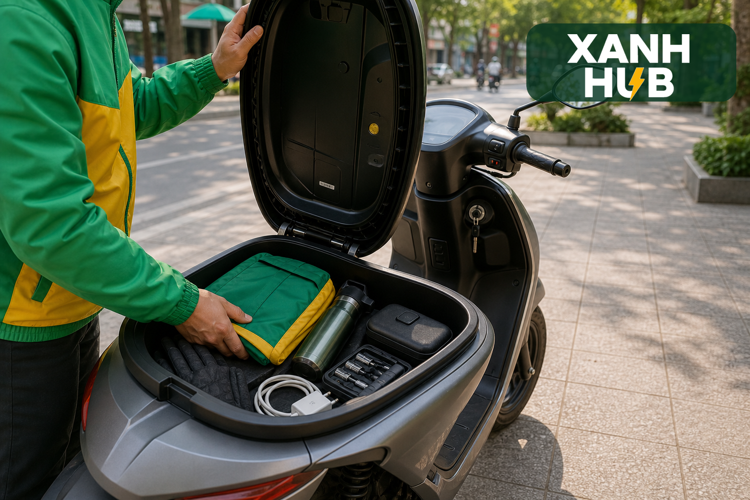 Tài xế mặc áo xanh vàng kiểm tra cốp xe máy điện với áo mưa, găng tay, dụng cụ, dây sạc và logo Xanh Hub chính thức ở góc ảnh